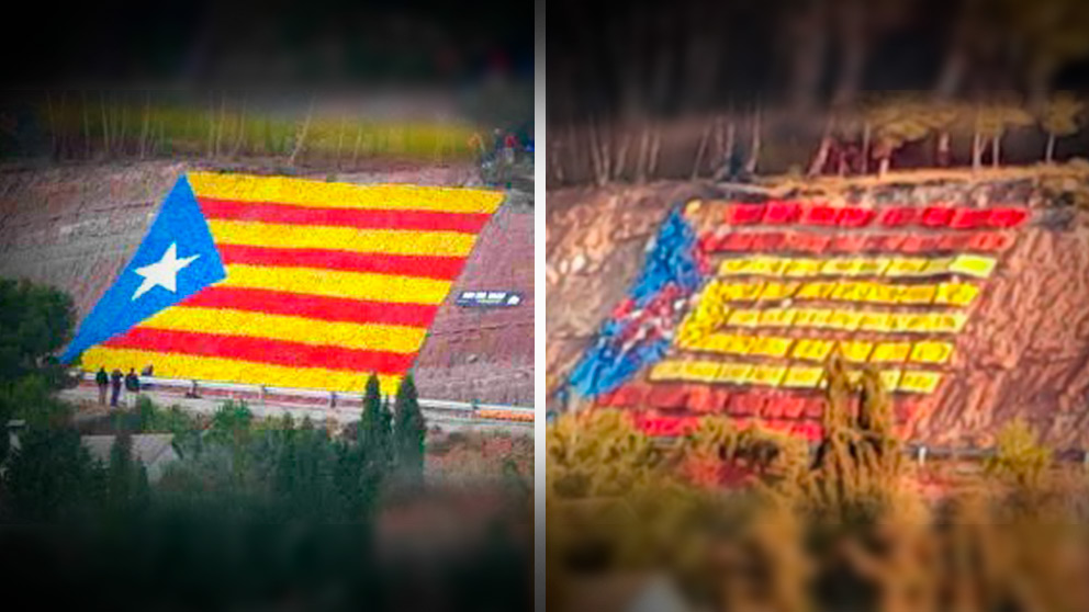 La estelada gigante en una carretera de Barcelona que han convertido los constitucionalistas en una bandera de España (Foto: ‘Dolça Catalunya’)