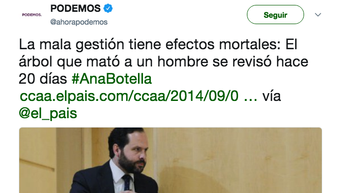 Podemos culpaba de la caída de los árboles a la «mala gestión» de la alcaldesa Ana Botella.