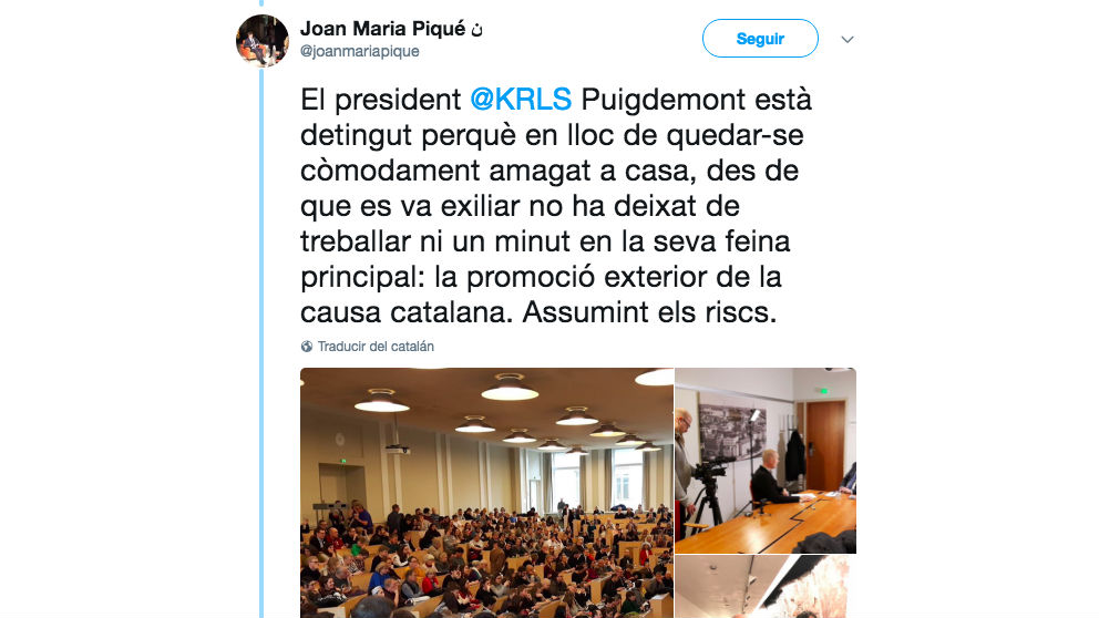 ‘Tuit’ de Joan María Piqué, tras el arresto de Puigdemont.