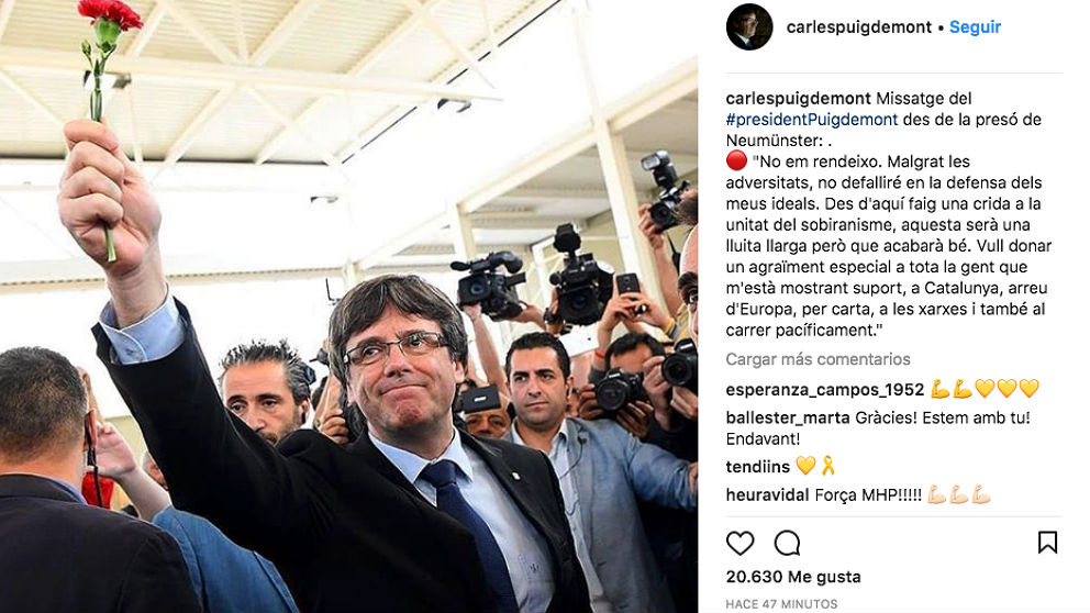 Carles Puigdemont ha colgado en su instagram un mensaje desde la cárcel alemana de Neumünster.