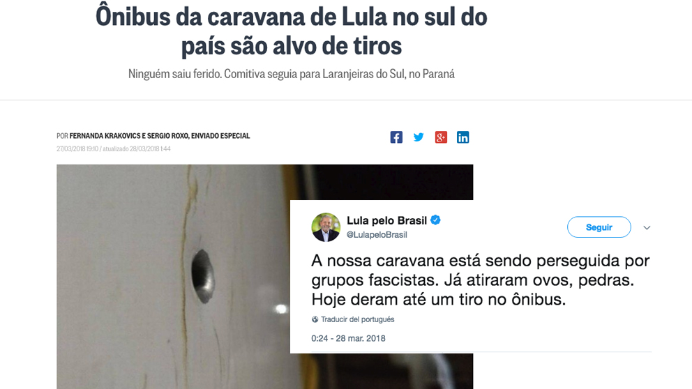 Noticia recogida en ‘O Globo’ y el tuit de Lula sobre el suceso.