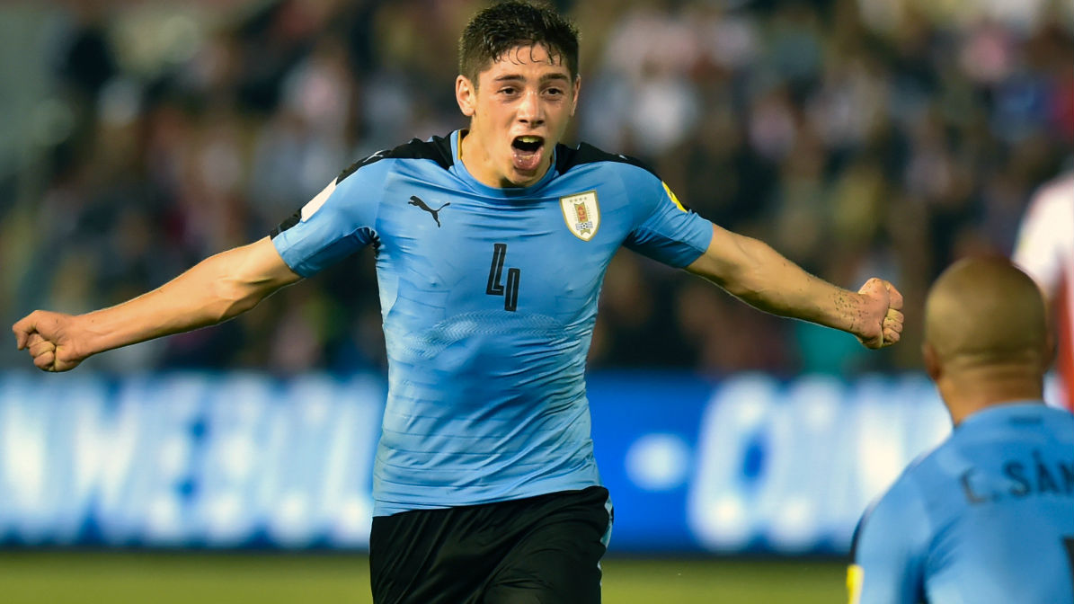 Fede Valverde celebra su gol con Uruguay. (AFP)