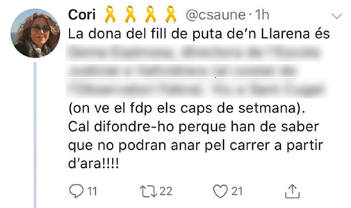 Tuit de Cori Sauné Ollé amenazando a la mujer de Pablo Llarena.