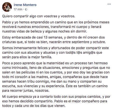 Mensaje de Irene Montero en Facebook anunciando su embarazo.