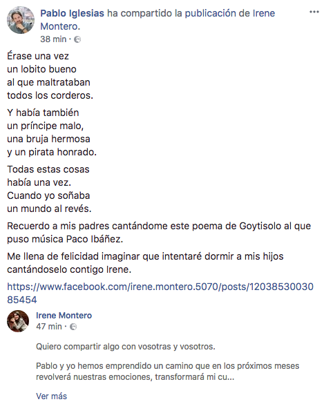 Mensaje de Pablo Iglesias en Facebook anunciando el embarazo de su pareja y su futura paternidad.