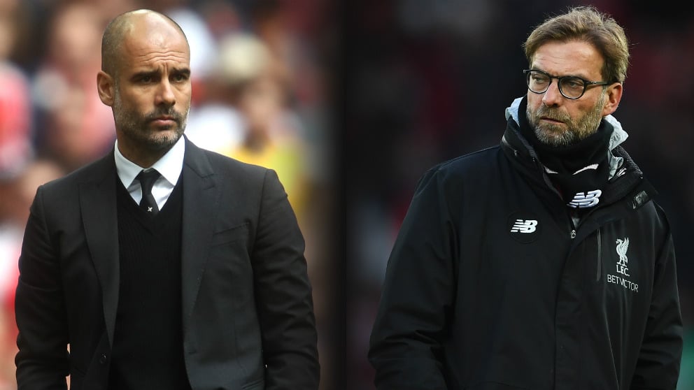 Pep Guardiola y Jurgen Klopp, técnicos del City y del Liverpool respectivamente. (Getty)