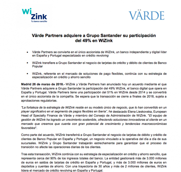 Banco Santander no vendiÃ³ WiZink a VÃ¤rde Partners: el negocio se traspasÃ³ a una sociedad de Luxemburgo
