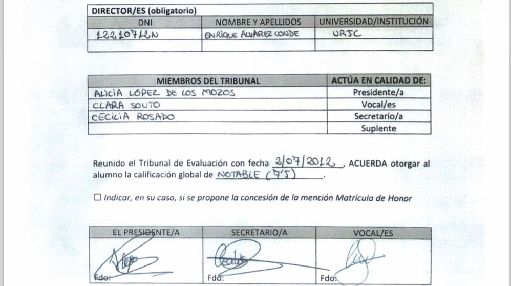 Firmas supuestamente falsificadas del tribunal de defensa del TFM de Cifuentes.