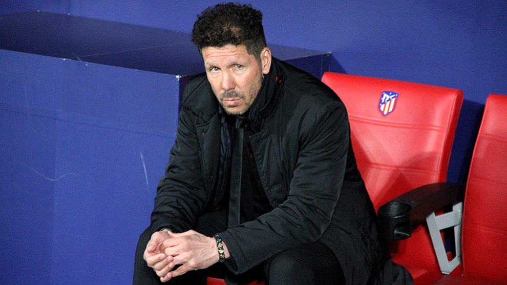 El Cholo Simeone durante el Atlético – Sporting de la Europa League. (Foto: Enrique Falcón)