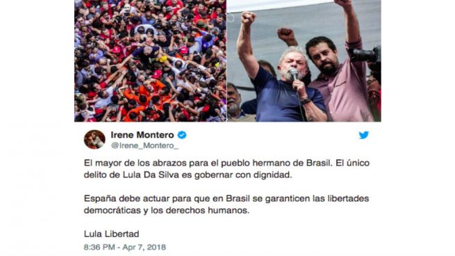 Montero defiende al corrupto Lula: «Su único delito es gobernar con dignidad»