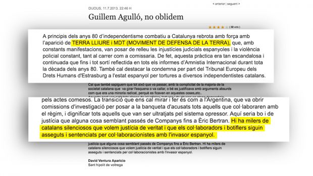 Carta del asesino independenttista David Aparicio en la que elogia a Terra Lliure