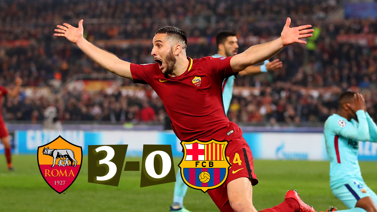 Los jugadores de la Roma celebran incrédulos su triunfo ante el Barça. (AFP)
