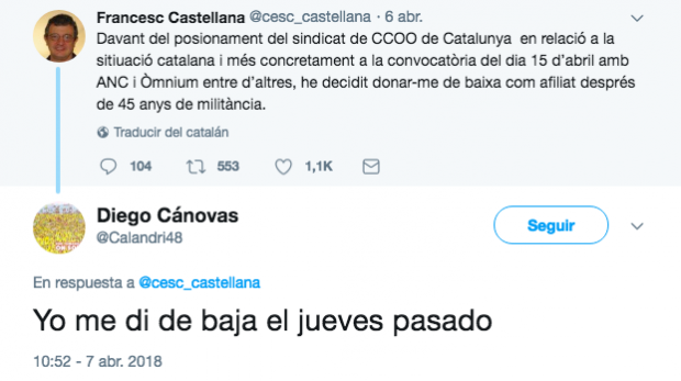 Francesc Castellana, de CCOO Cataluña anuncia su baja por la deriva separatista del sindicato