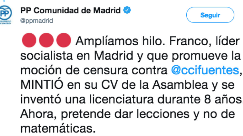 El tuit del PP de Madrid que arremete contra José Manuel Franco por falsear su CV