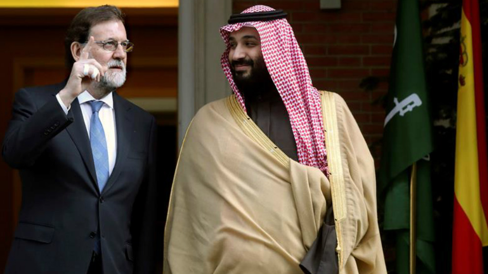 El presidente del Gobierno, Mariano Rajoy, durante la recepción al príncipe heredero de Arabia Saudí, Mohamed Bin Salman Bin Abdulaziz Al Saud, esta tarde en el Palacio de la Moncloa en Madrid. Foto: EFE