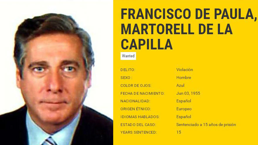 La ficha policial difundida por la Interpol para localizar al fugitivo Francisco de Paula Martorell de la Capilla.