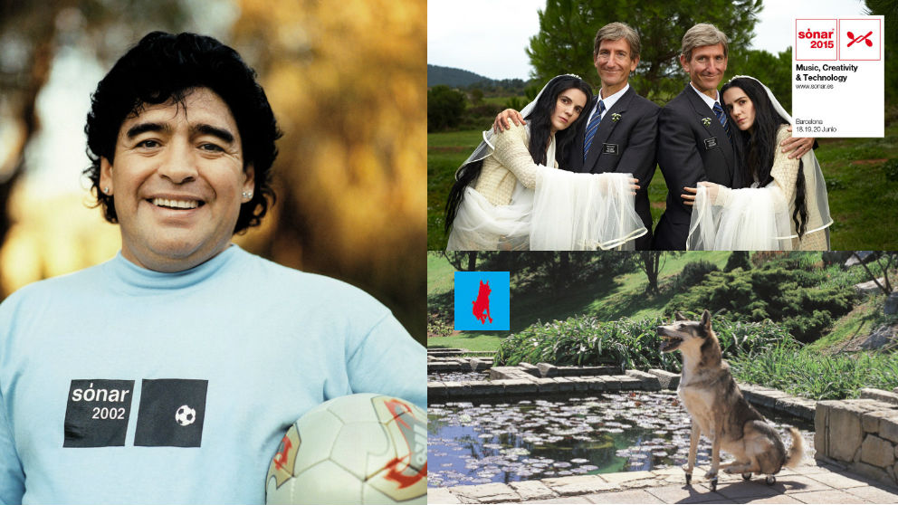 El futbolista Maradona fue imagen de Sónar en 2002, la boda de las gemelas telequinéticas en 2015; y el perro en ruedines fue imagen del festival en 1999. Fotos: Sónar