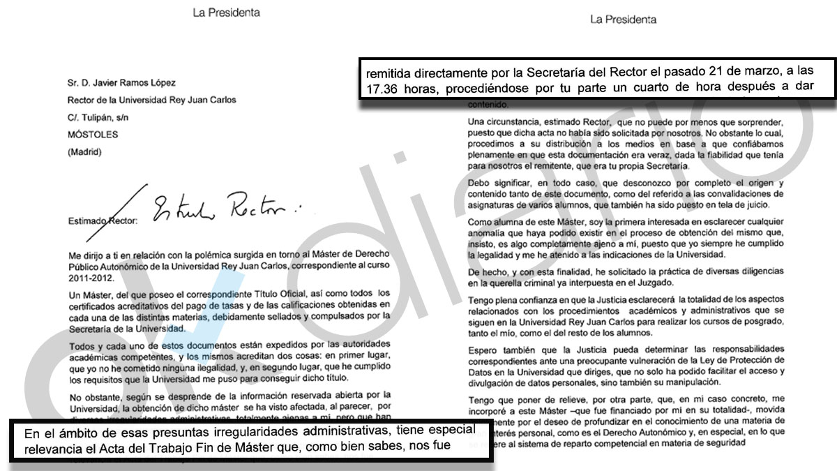 Carta enviada por Cristina Cristina Cifuentes al rector de la Universidad Rey Juan Carlos, Javier Ramos.