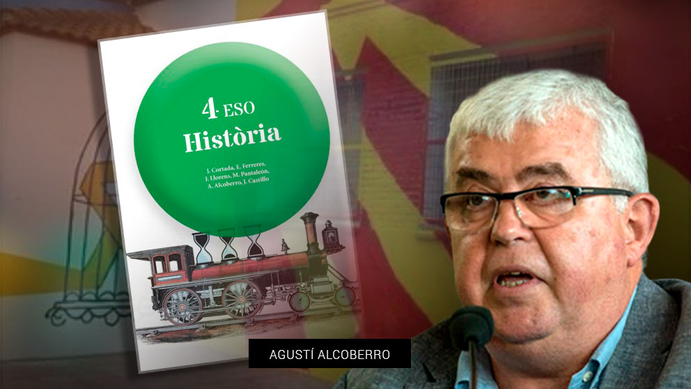El vicepresidente de la ANC, Agustí Alcoberro, junto a la portada de su libro de texto de Historia para 4º de ESO publicado por la Editorial Teide.
