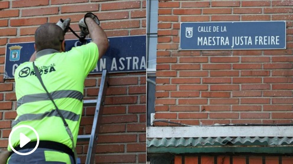 Cambio de la placa de la calle al general Millán-Astray por la de la Maestra justa Freire.