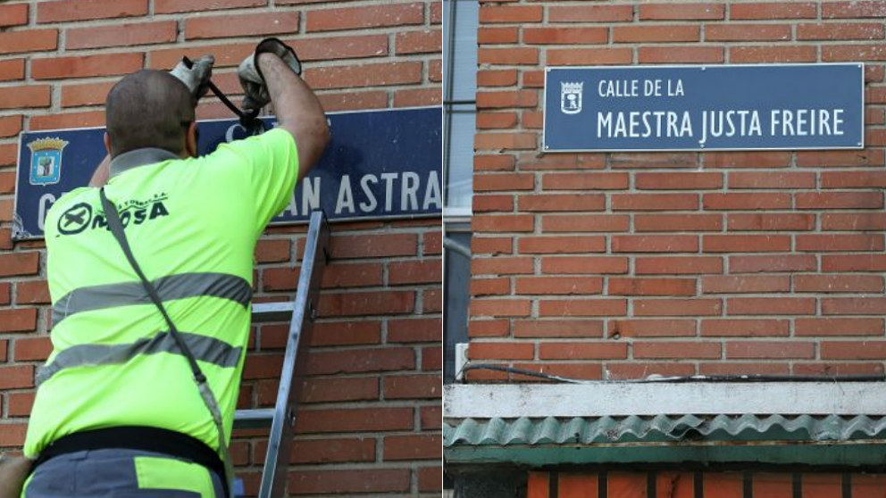 Cambio de la placa de la calle al general Millán-Astray por la de la Maestra justa Freire.