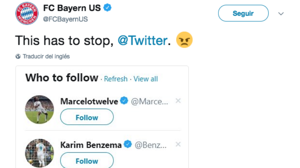 El Bayern se indigna con Twitter por recomendarle seguir a Marcelo y Benzema.