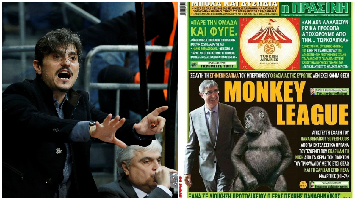 Dimitris Giannakopoulos, presidente de Panatinaikos, y la polémica portada de su periódico. (Fotos: Getty Images y Twitter)