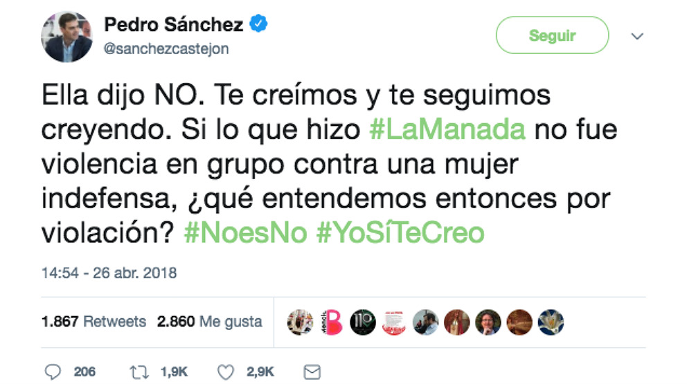 Tuit de Pedro Sánchez sobre la sentencia de ‘La Manada’.