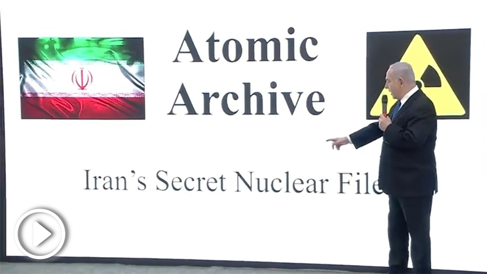 Benjamin Netanyahu, en la presentación de las pruebas que tiene Israel sobre el programa nuclear bélico de Irán.
