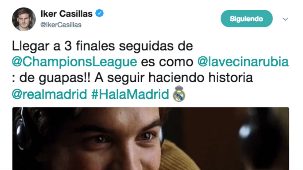 Casillas felicita al Madrid en Twitter.