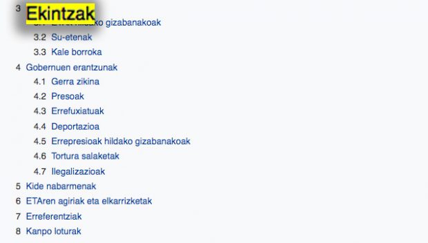 La Wikipedia en euskera usa "acciones" para hablar de sus crímenes 