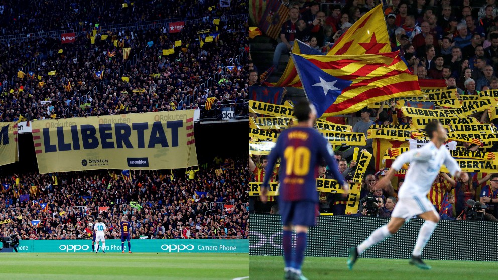 Esteladas y carteles pidiendo la libertad de los golpistas en el Clásico. | Barcelona – Real Madrid