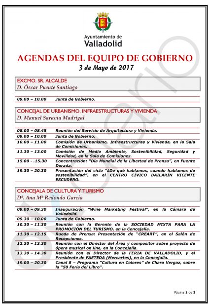 Agenda del Gobierno del Ayuntamiento de Valladolid del 3 de mayo de 2017.