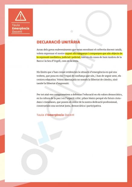 La 'Declaración Unitaria' que UGT manda a colegios e institutos