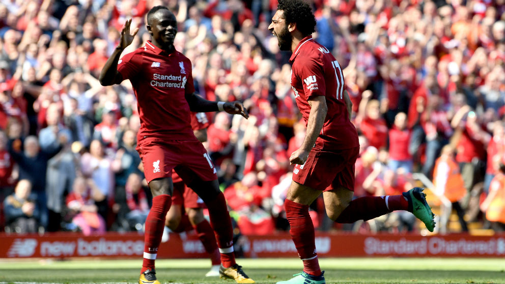 Salah celebra un gol con el Liverpool. (Getty)