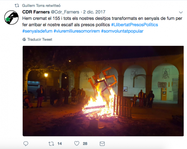 Mensaje del CDR Farnés retuiteado por el hijo de Quim de Torra el pasado 2 de diciembre.
