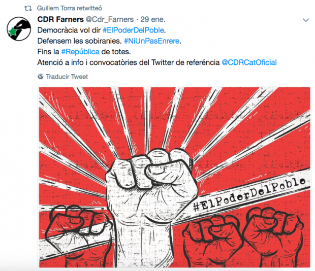 Mensaje del CDR de Farnés retuiteado por el hijo de Quim Torra el pasado 29 d enero.