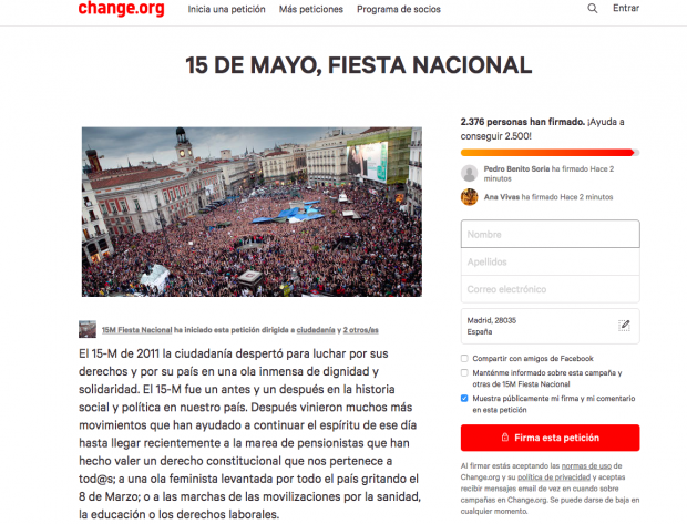 Campaña de Podemos en internet para declarar el 15-M fiesta nacional