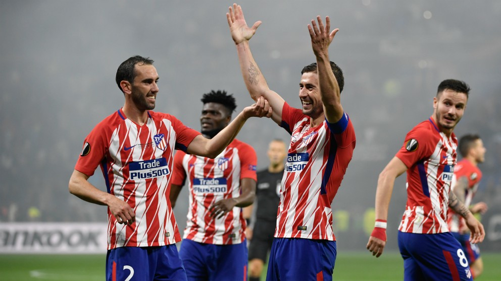 Los jugadores del Atlético de Madrid celebran el gol de Gabi. (AFP)