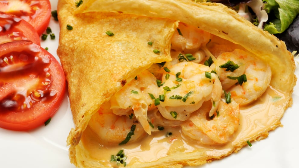 Receta de Crepes con gambas y pollo.