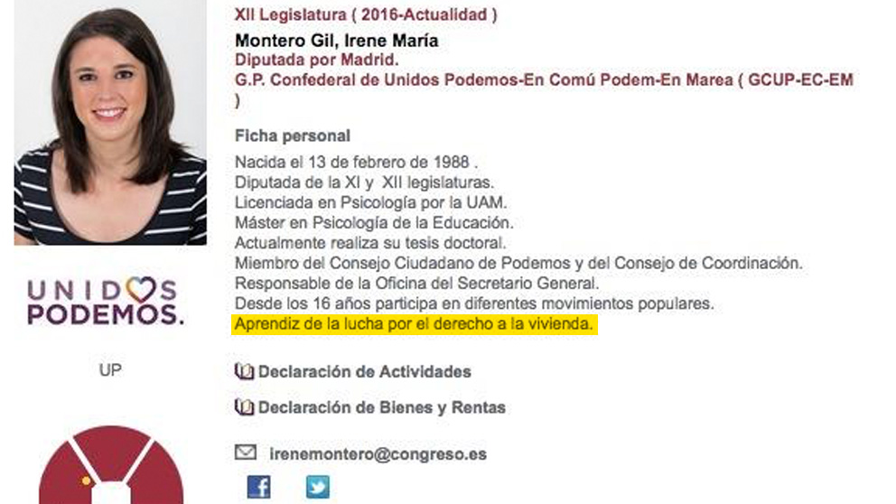 Ficha personal de Irene Montero en el Congreso de los Diputados