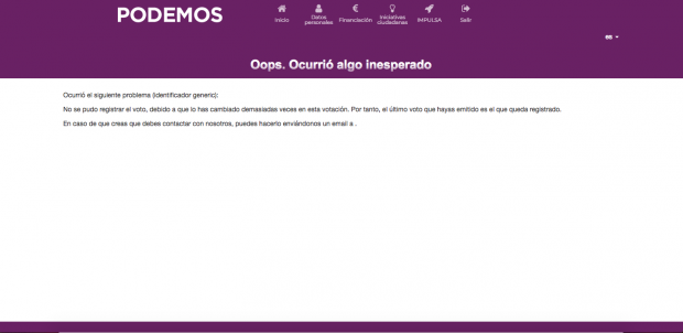 Captura de pantalla con un mensaje de "error" en una votación del plebiscito de Iglesias y Montero.