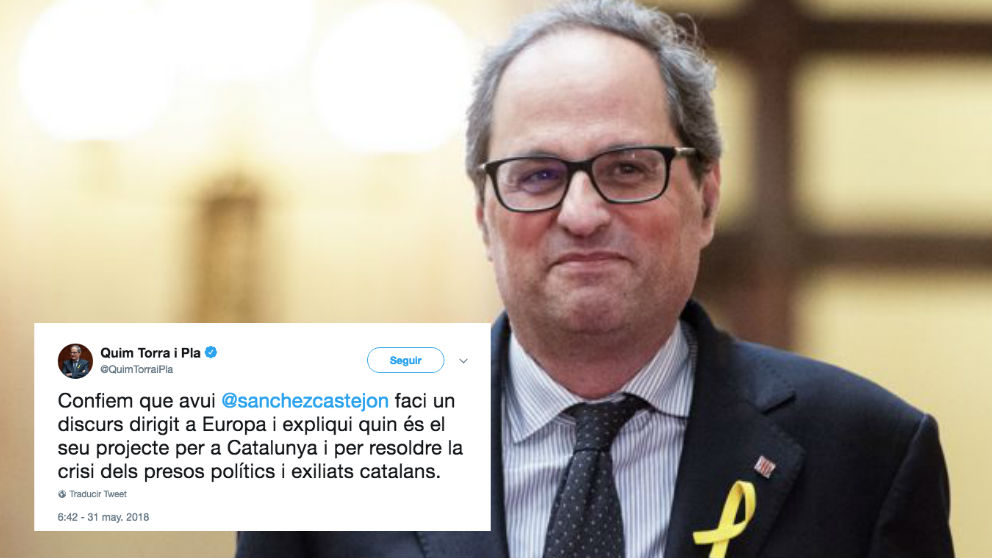 Quim Torra se dirige a Pedro Sánchez durante su intervención en la moción de censura a MAriano Rajoy.