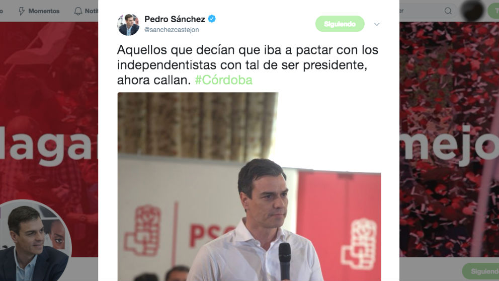 El tuit que escribió Pedro Sánchez el 15 de abril de 2016