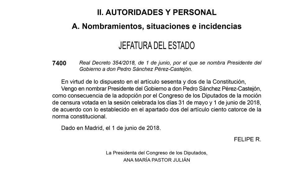 El BOE publica el nombramiento de Pedro Sánchez como presidente del Gobierno.