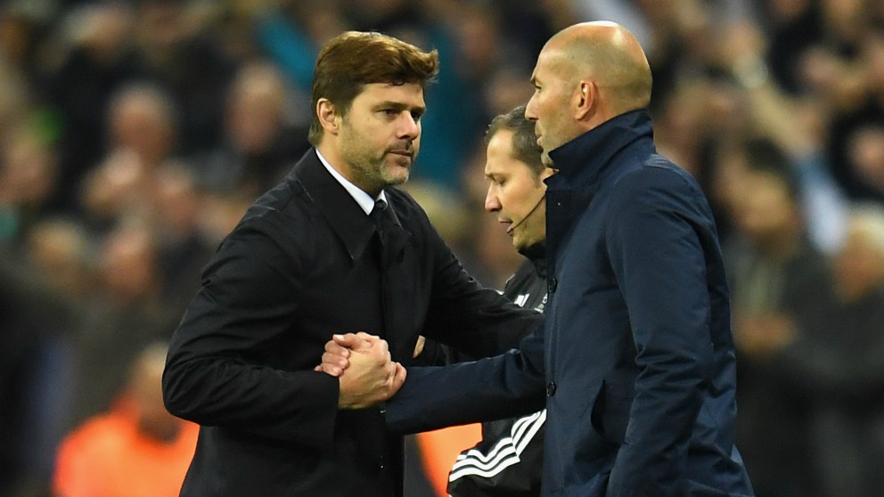 Pochettino y Zidane se saludan en el Tottenham – Real Madrid. (Getty)