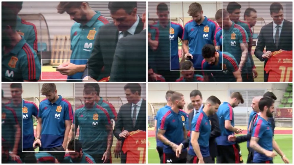 Piqué se entretuvo con el móvil durante la visita de Pedro Sánchez. (Atresmedia)