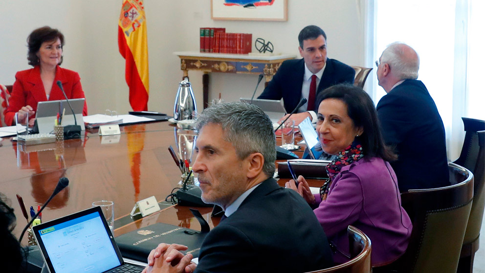 Fernando Grande-Marlaska en un Consejo de Ministros con Pedro Sánchez al fondo