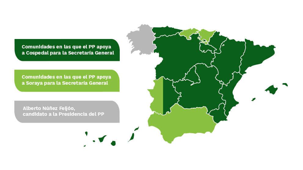 Reparto de las regionales del PP en los apoyos para la Secretaría General: Soraya o Cospedal.