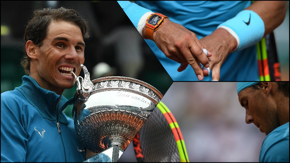 Nadal lució los colores de España en su reloj y su raqueta en la final de Roland Garros.